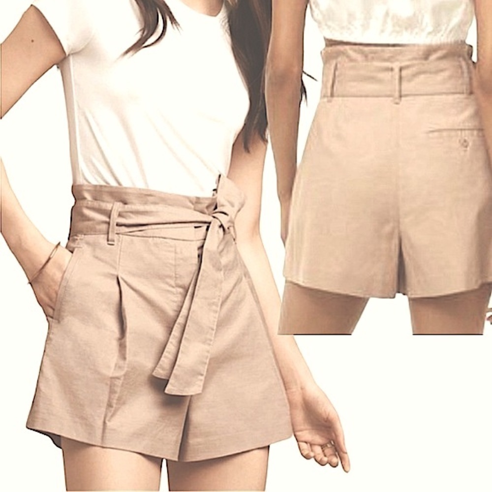 Aritzia Wilfred Pleated Short High Rise Sz 0 Tan Linen Cotton Belted Button Fly